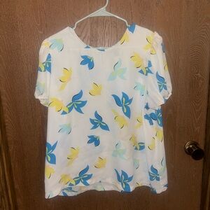 Worthington White Blouse with Blue and Yellow Floral Print